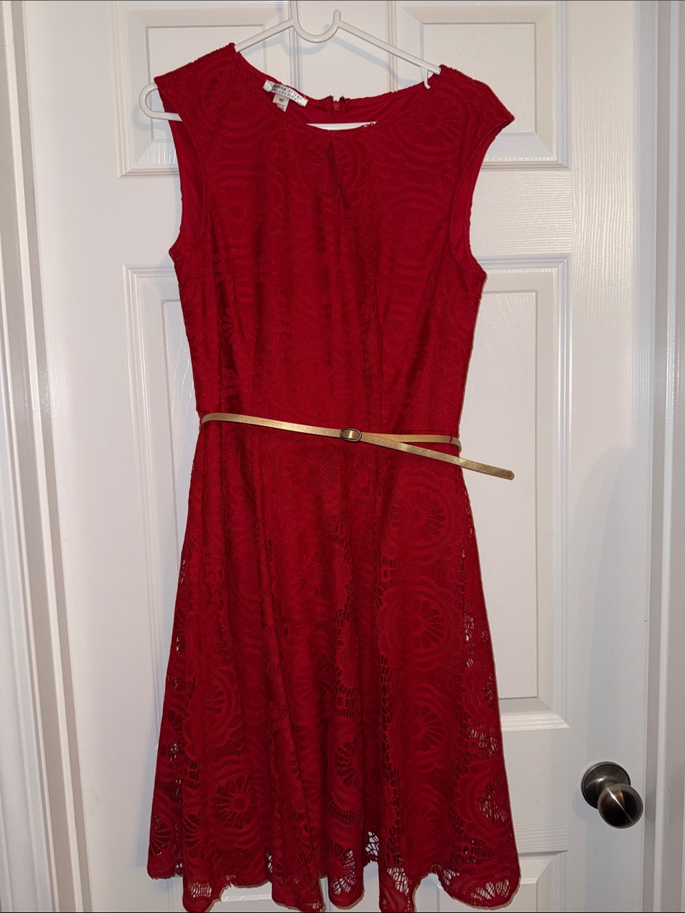 London Style Crimson Lace Fit-and-Flare Dress with Metallic Belt